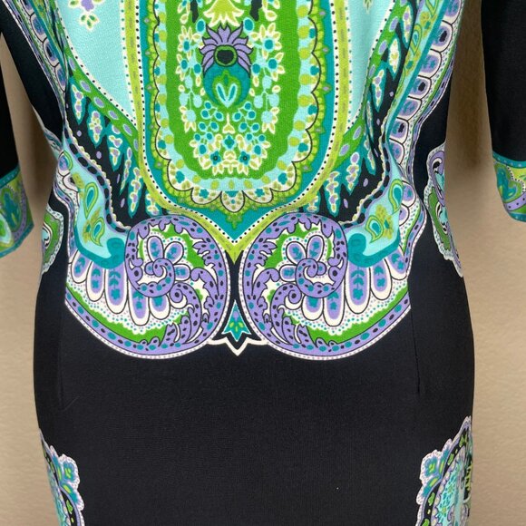 Sandra Darren Women's Blue Green Paisley 3/4 Sleeve Midi Dress Career Sz 10 - Picture 4 of 10